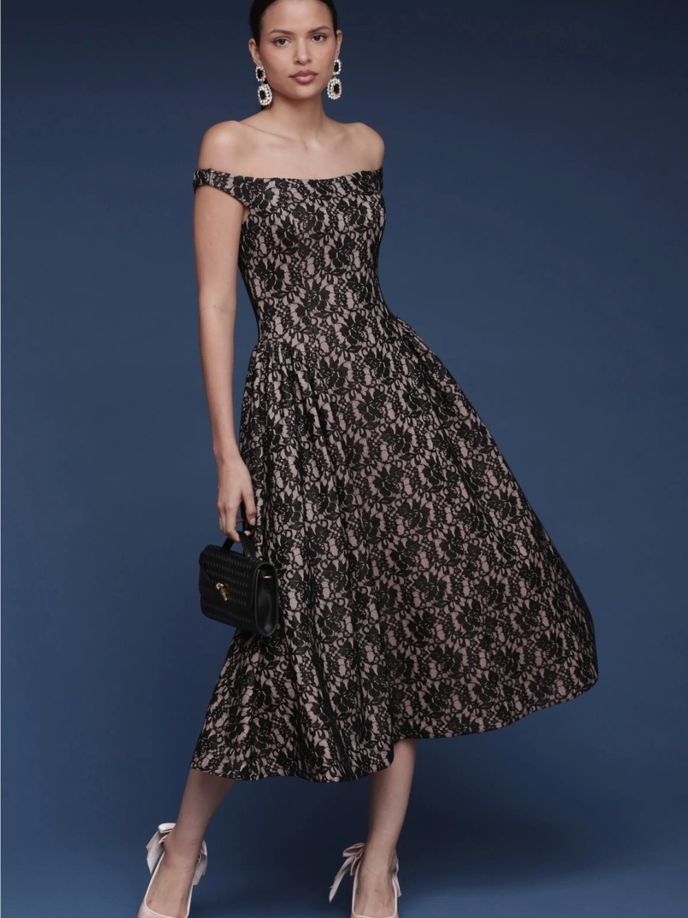 Avec Les Filles Black Lace One-Shoulder Midi Dress Blush Lining Fit&Flare Size12
